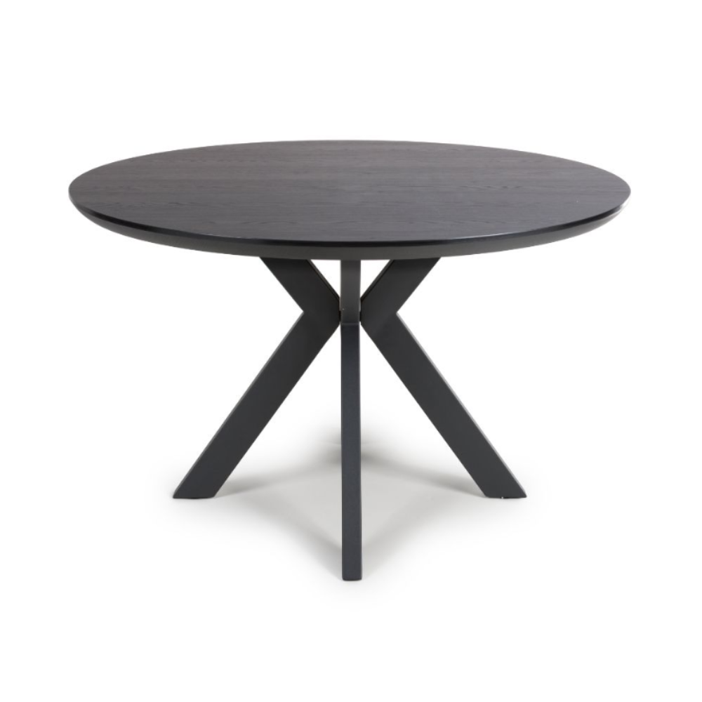 The Boston Round Table 1200mm in Black Ash features a an elegant veneer surface, compact design and a distinctive X-leg base.