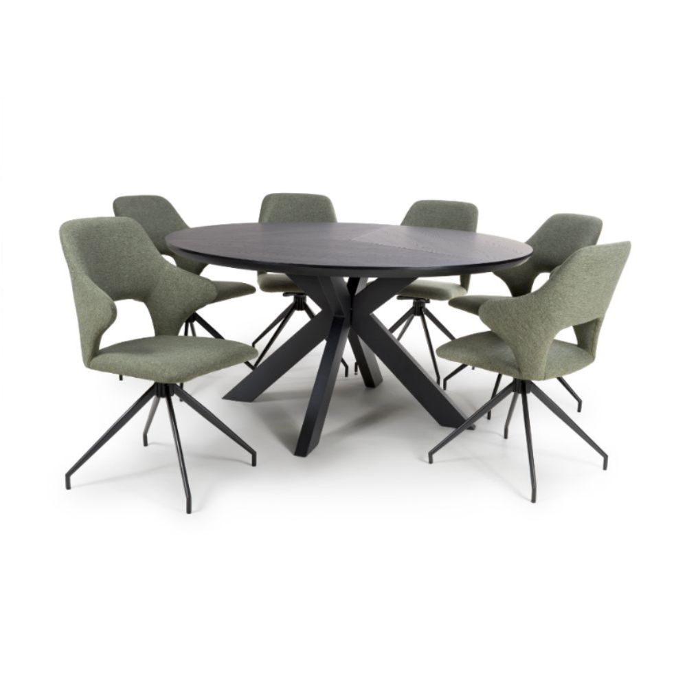 The Boston Round Table 1200mm in Black Ash features a an elegant veneer surface, compact design and a distinctive X-leg base.