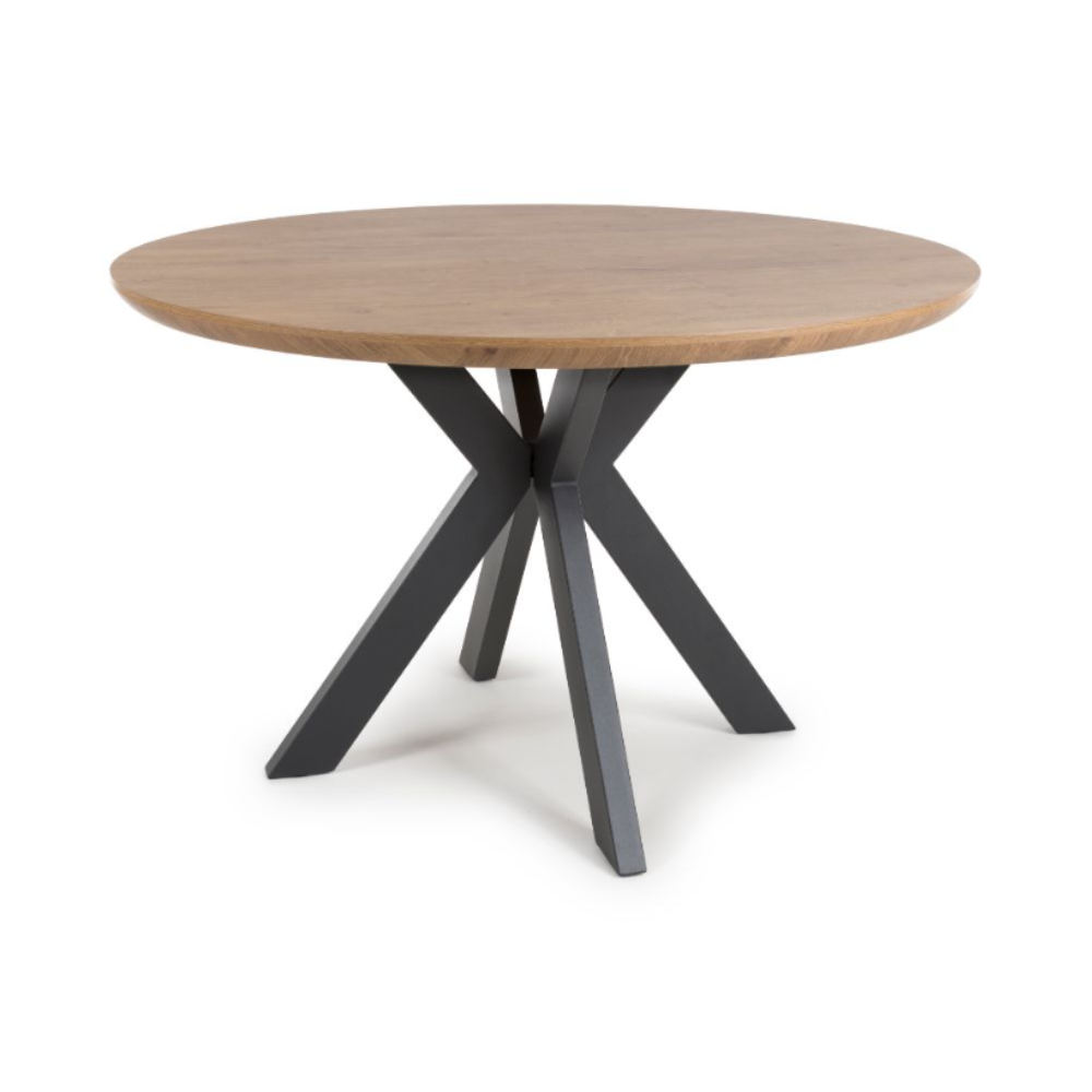 The Boston Round Table 1200mm Rustic Oak features a warm rustic oak veneer top and sturdy black metal base, blending timeless charm with modern design.