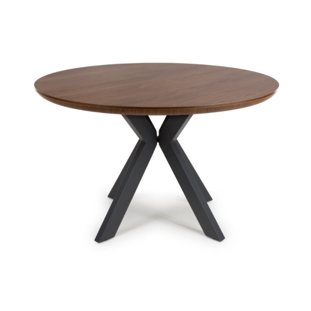 The Boston Round Table 1200mm showcases a luxurious smoked oak veneer surface paired with a robust black metal base, perfect of intimate dining.