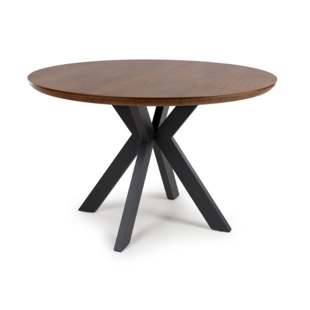 The Boston Round Table 1200mm showcases a luxurious smoked oak veneer surface paired with a robust black metal base, perfect of intimate dining.
