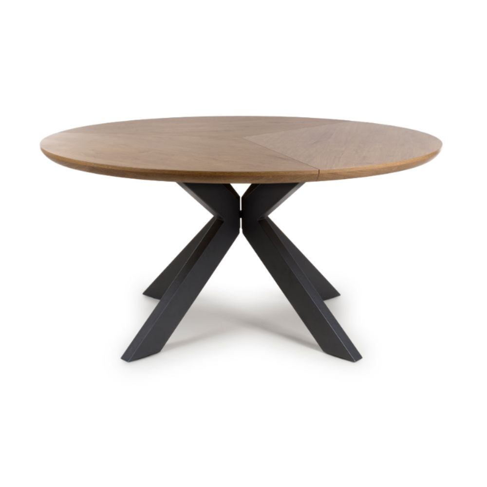 The Boston Round Table 1500mm, showcases a generous rustic oak veneer surface paired with a black metal cross-leg base, ideal for any dining experience.