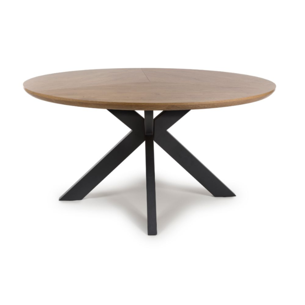 The Boston Round Table 1500mm, showcases a generous rustic oak veneer surface paired with a black metal cross-leg base, ideal for any dining experience.