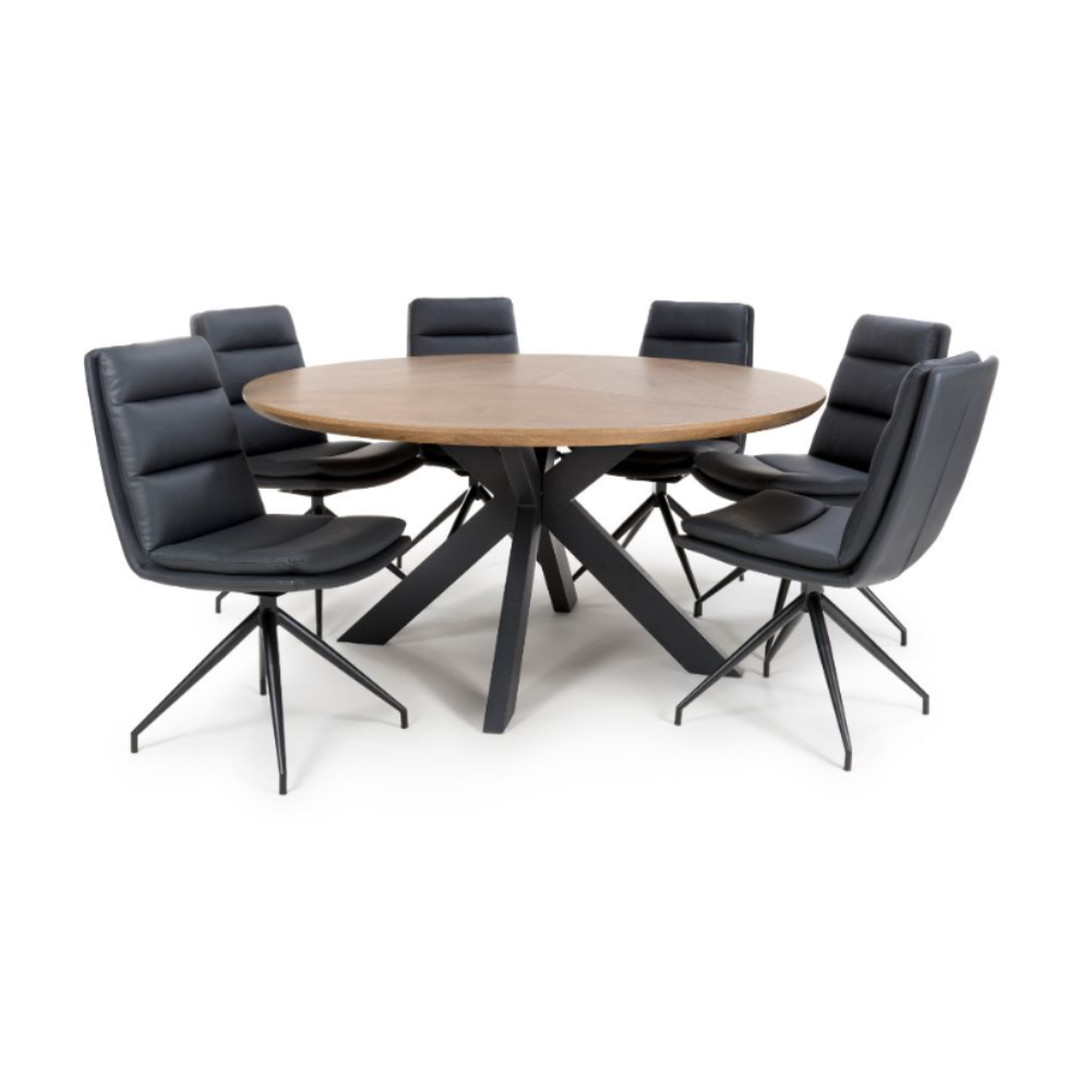 The Boston Round Table 1500mm, showcases a generous rustic oak veneer surface paired with a black metal cross-leg base, ideal for any dining experience.