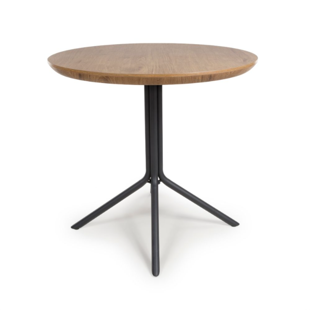 The Boston Round Table 800mm features a rustic oak veneer top, supported by a sleek black metal base making it ideal for compact dining areas.