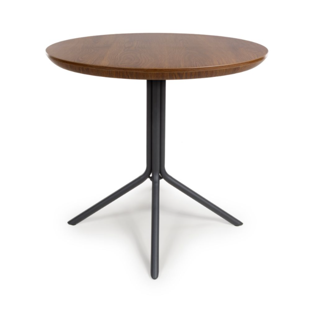 The Boston Round Table 800mm features a smoked oak veneer surface paired with a black metal base, blending contemporary design with an elegant flair.