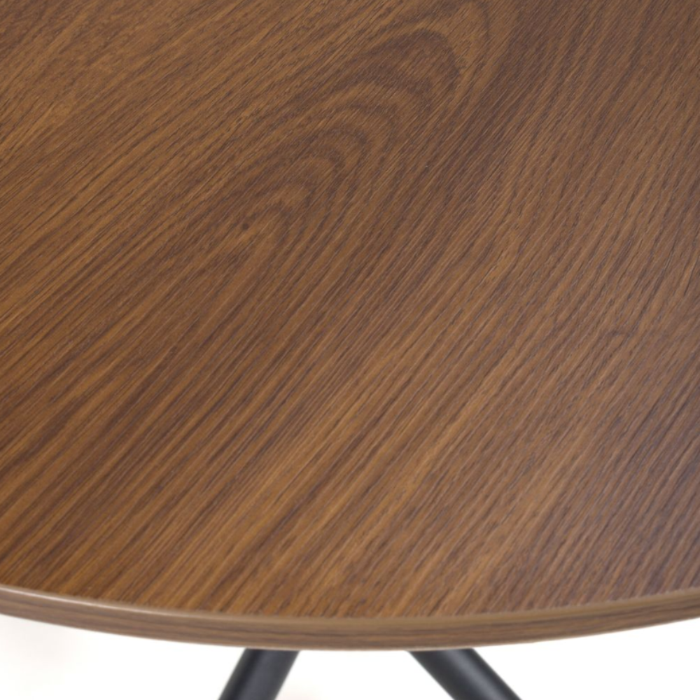 The Boston Round Table 800mm features a smoked oak veneer surface paired with a black metal base, blending contemporary design with an elegant flair.