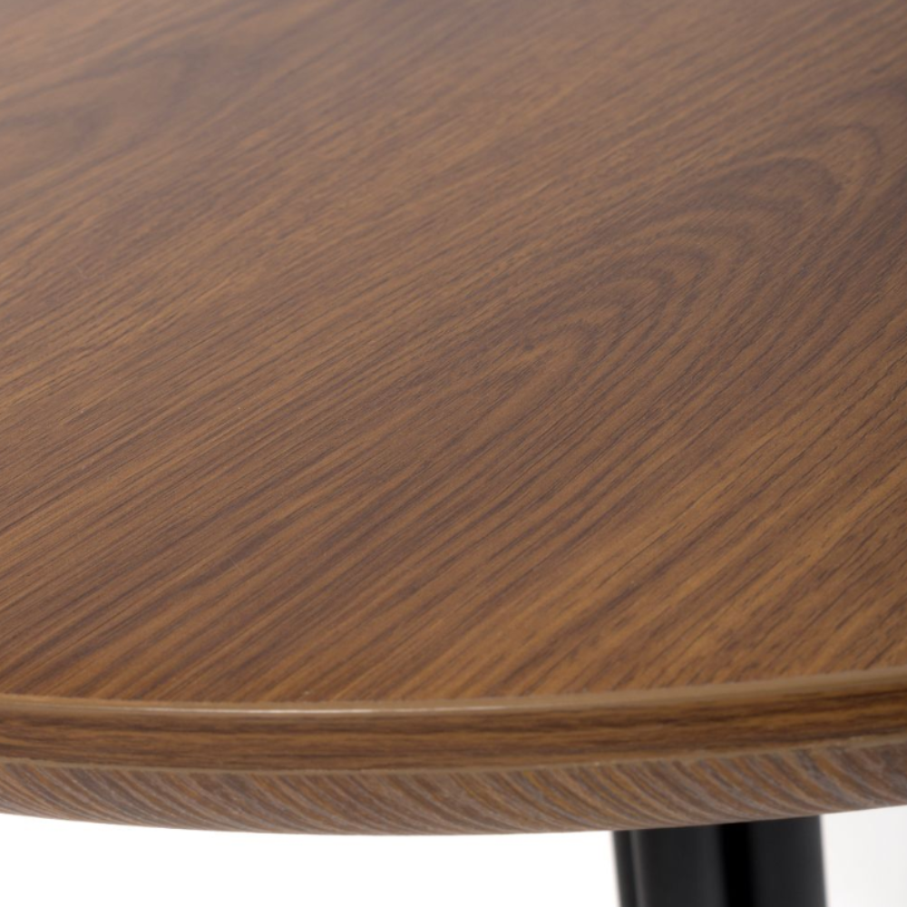 The Boston Round Table 800mm features a smoked oak veneer surface paired with a black metal base, blending contemporary design with an elegant flair.
