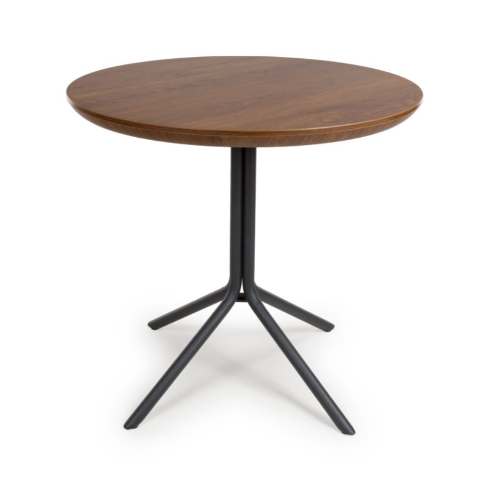 The Boston Round Table 800mm features a smoked oak veneer surface paired with a black metal base, blending contemporary design with an elegant flair.