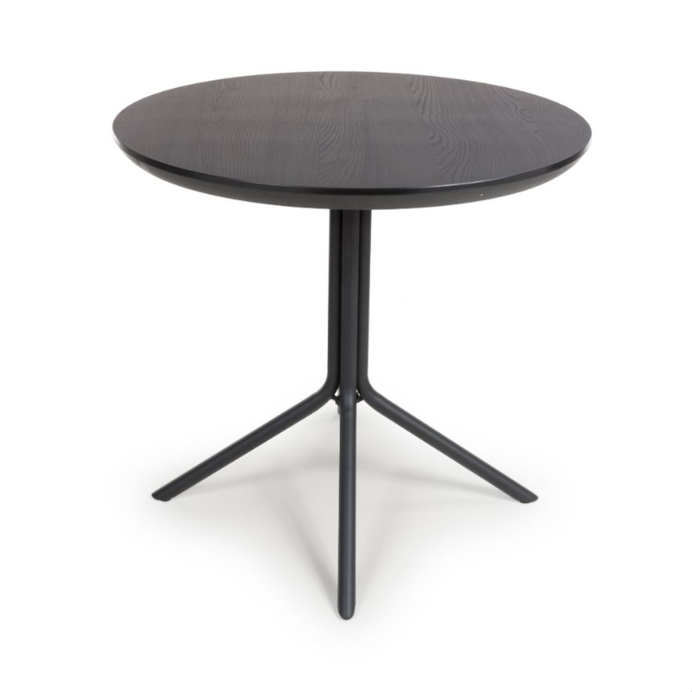 The Boston Round Table 800mm in Black Ash features an elegant plywood surface, a sturdy metal frame, and a contemporary design.