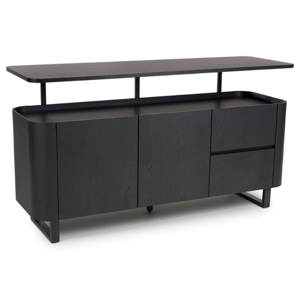 The Boston Sideboard in Black Ash boasts a SmarTops® resilient surface, elegant iron legs, and generous storage capacity.