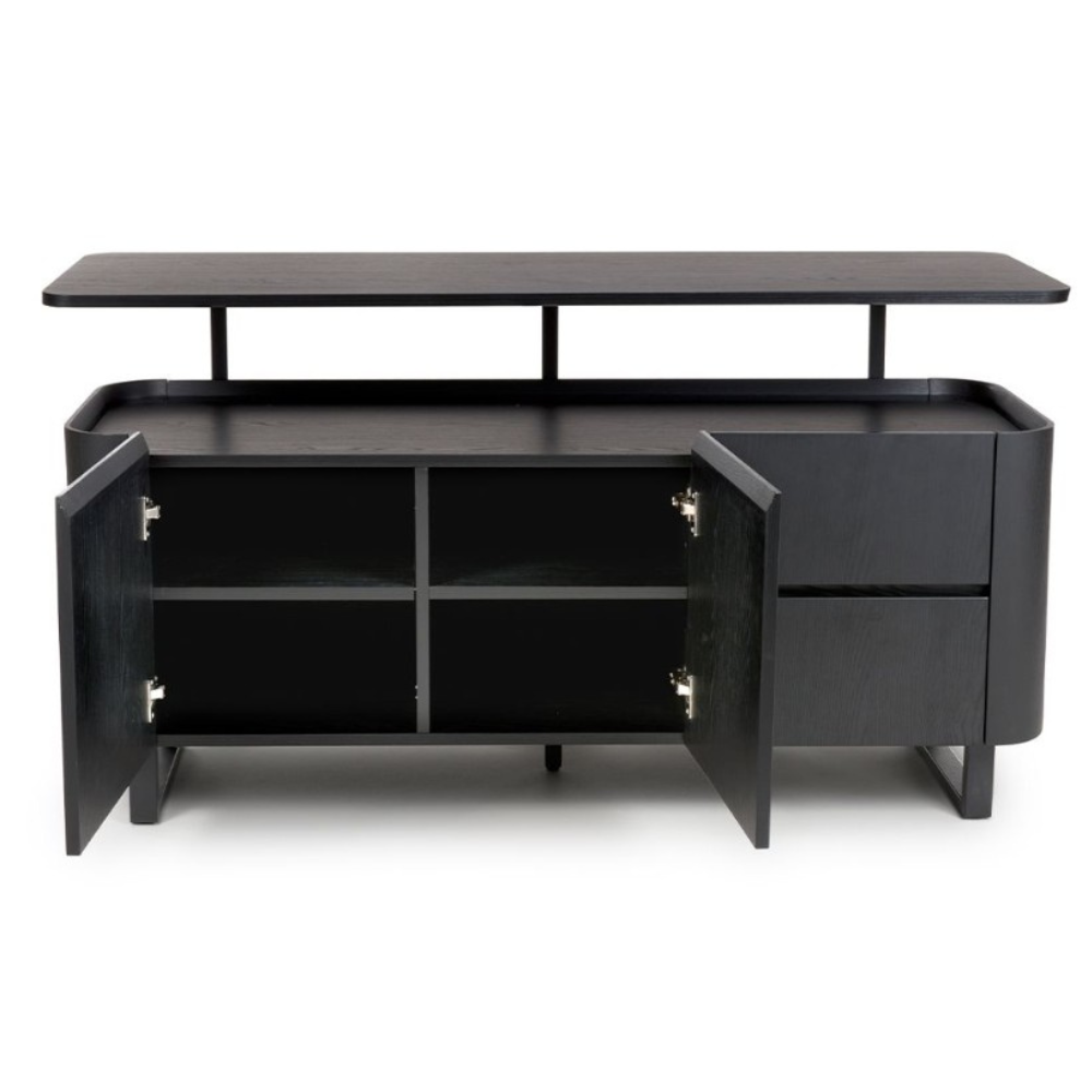 The Boston Sideboard in Black Ash boasts a SmarTops® resilient surface, elegant iron legs, and generous storage capacity.