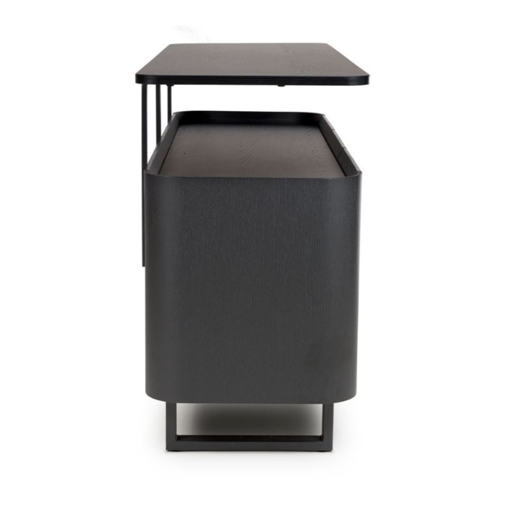 The Boston Sideboard in Black Ash boasts a SmarTops® resilient surface, elegant iron legs, and generous storage capacity.