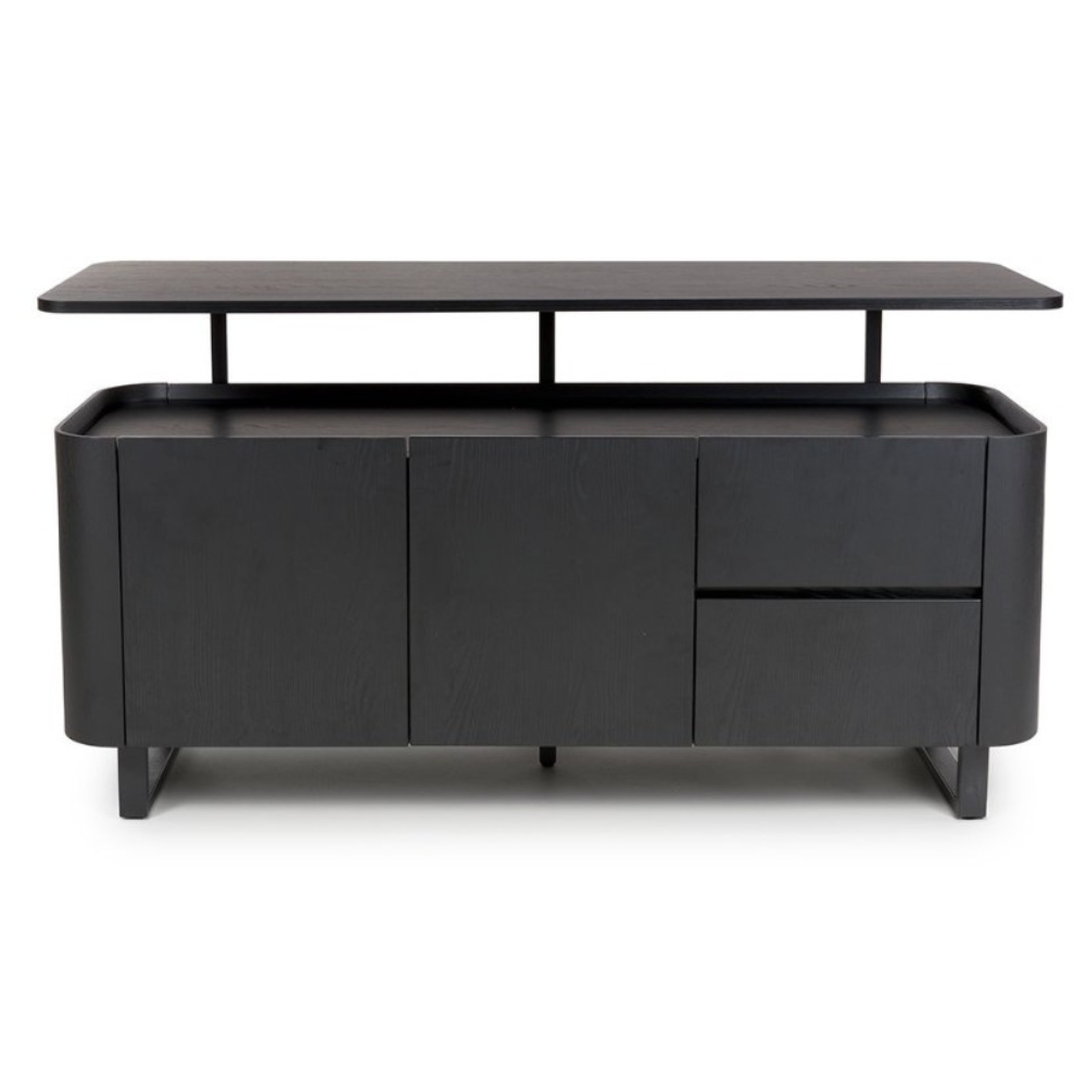 The Boston Sideboard in Black Ash boasts a SmarTops® resilient surface, elegant iron legs, and generous storage capacity.