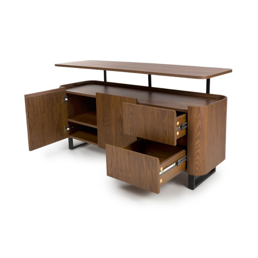 The Boston Sideboard in Smoked Oak features the robust durability of SmarTops®, elegant iron legs and ample storage capacity.