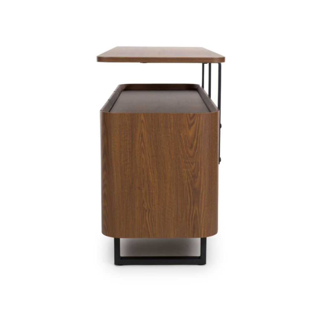 The Boston Sideboard in Smoked Oak features the robust durability of SmarTops®, elegant iron legs and ample storage capacity.