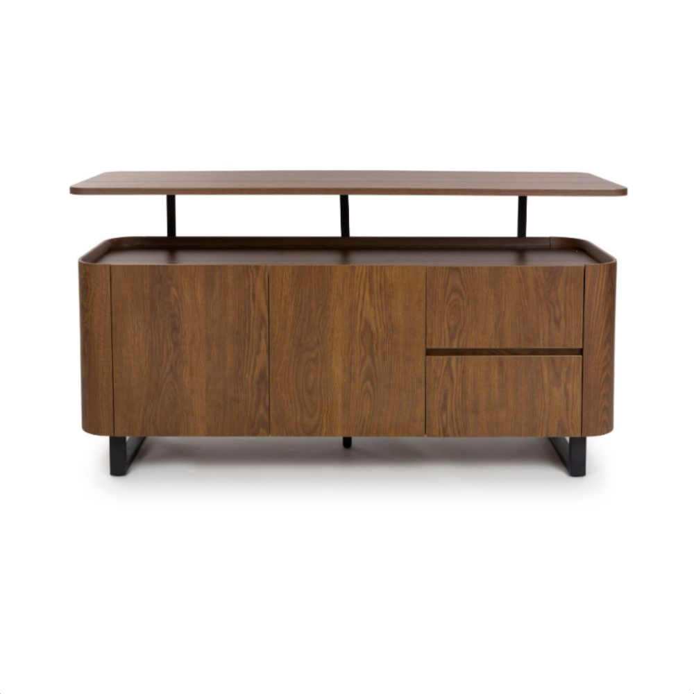 The Boston Sideboard in Smoked Oak features the robust durability of SmarTops®, elegant iron legs and ample storage capacity.