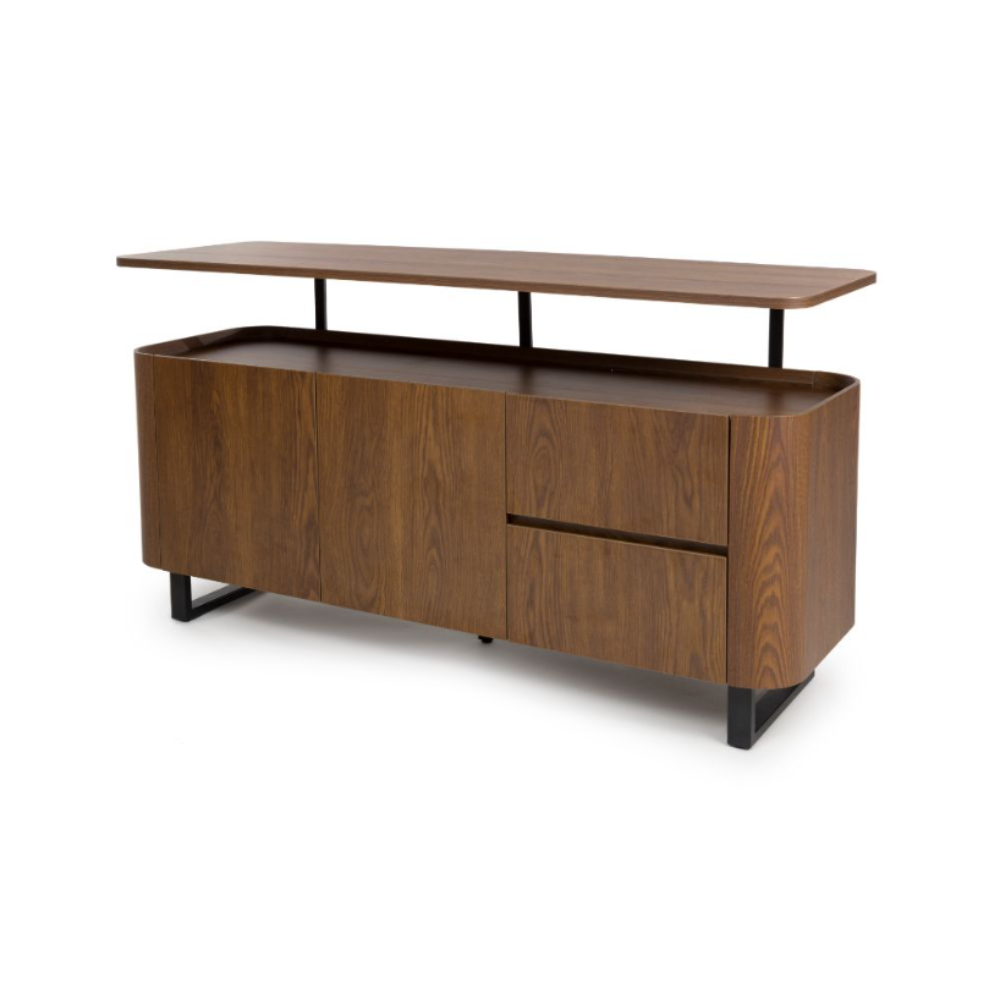 The Boston Sideboard in Smoked Oak features the robust durability of SmarTops®, elegant iron legs and ample storage capacity.