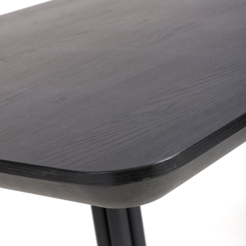The Boston Square Table 800 x 800mm in Black Ash, boasts a stylish black ash veneer surface paired with a robust metal base.