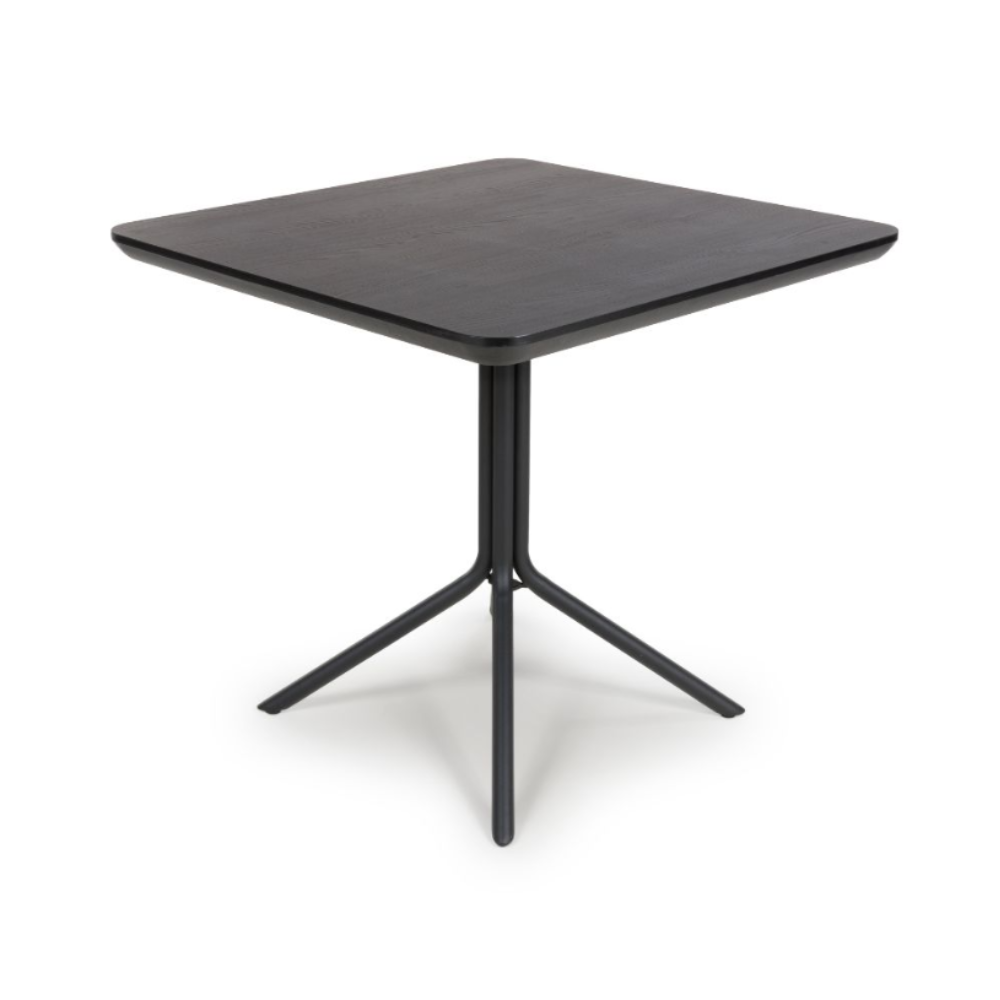 The Boston Square Table 800 x 800mm in Black Ash, boasts a stylish black ash veneer surface paired with a robust metal base.