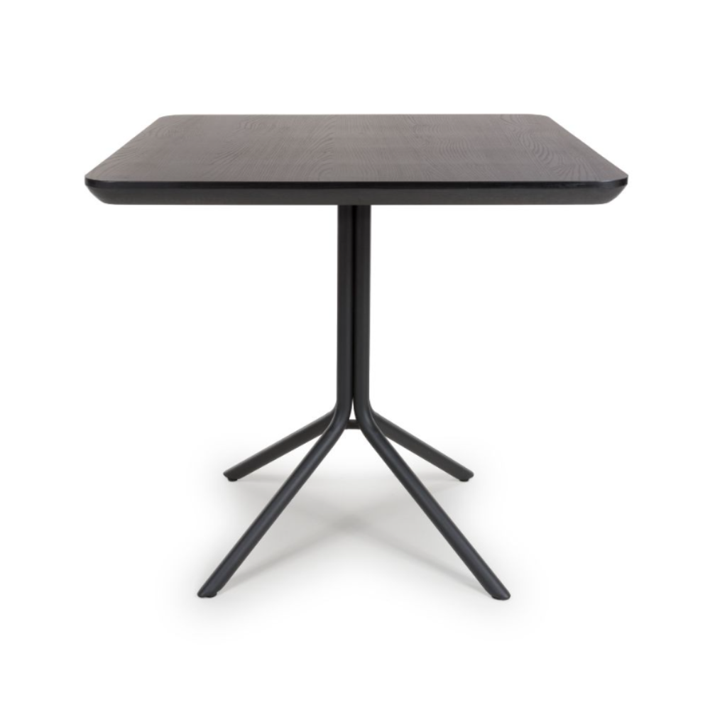 The Boston Square Table 800 x 800mm in Black Ash, boasts a stylish black ash veneer surface paired with a robust metal base.