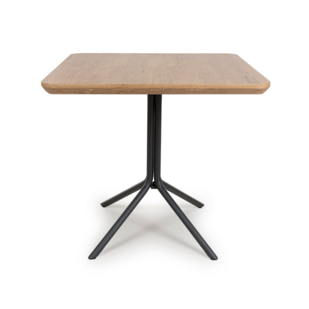 The Boston Square Table 800 x 800mm in Rustic Oak, showcases a cozy oak veneer surface paired with a robust metal base, ideal for dining environments.