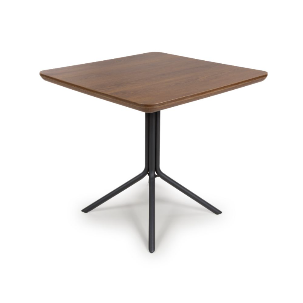 The Boston Square Table 800 x 800mm in Smoked Oak, showcases a luxurious wood veneer surface paired with a robust metal base.