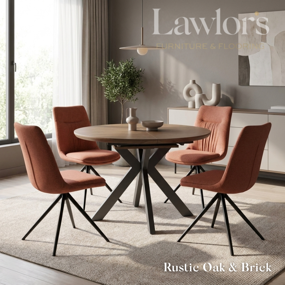 Dining room with oak extending round table and orange chairs set