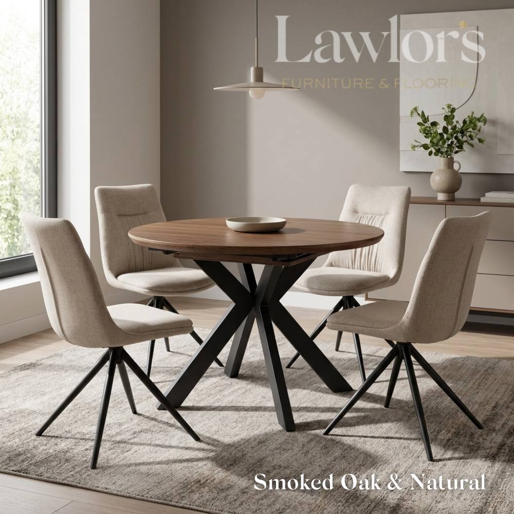 Dining room with smoked oak extending round table and cream chairs set