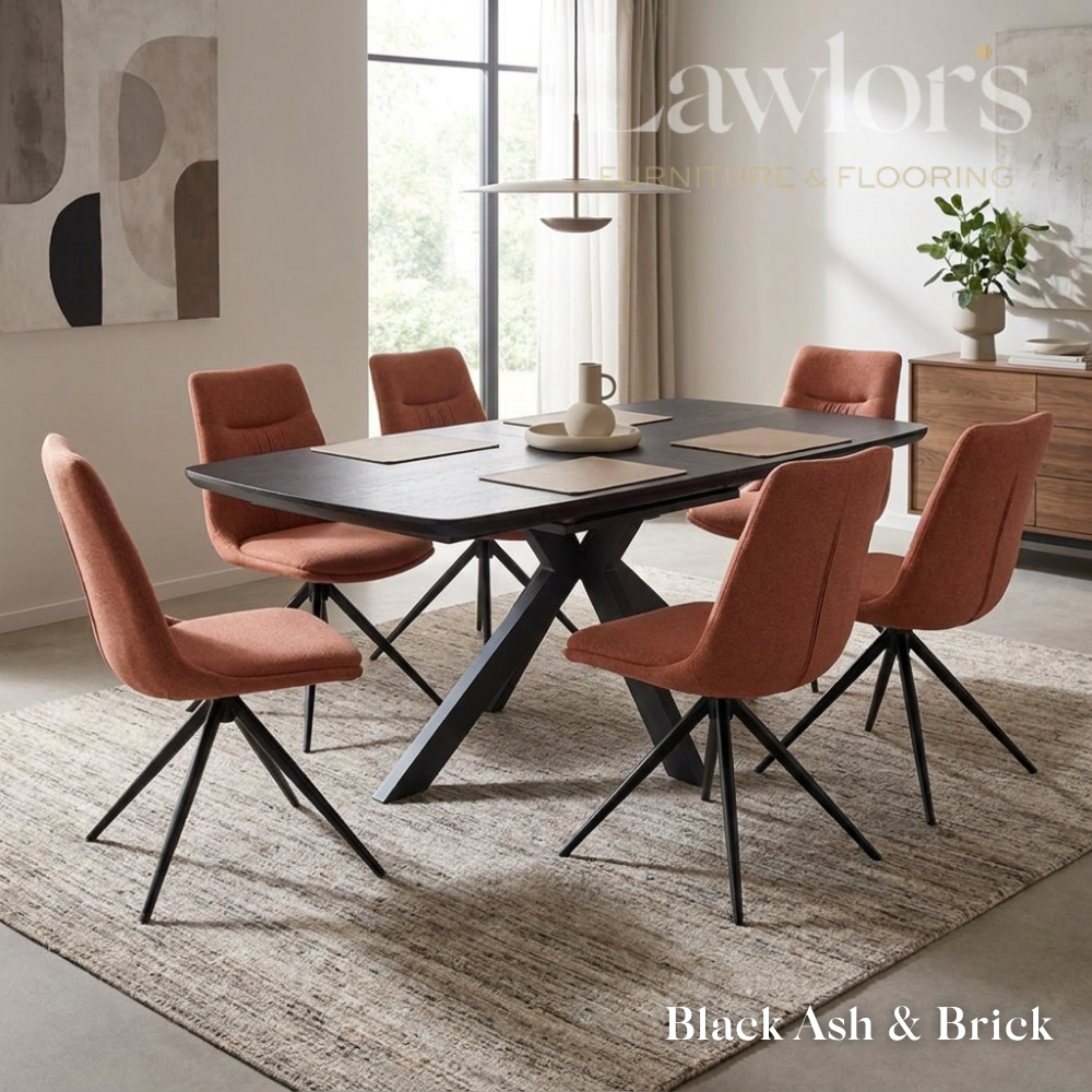 Dining room with black extending table and orange set