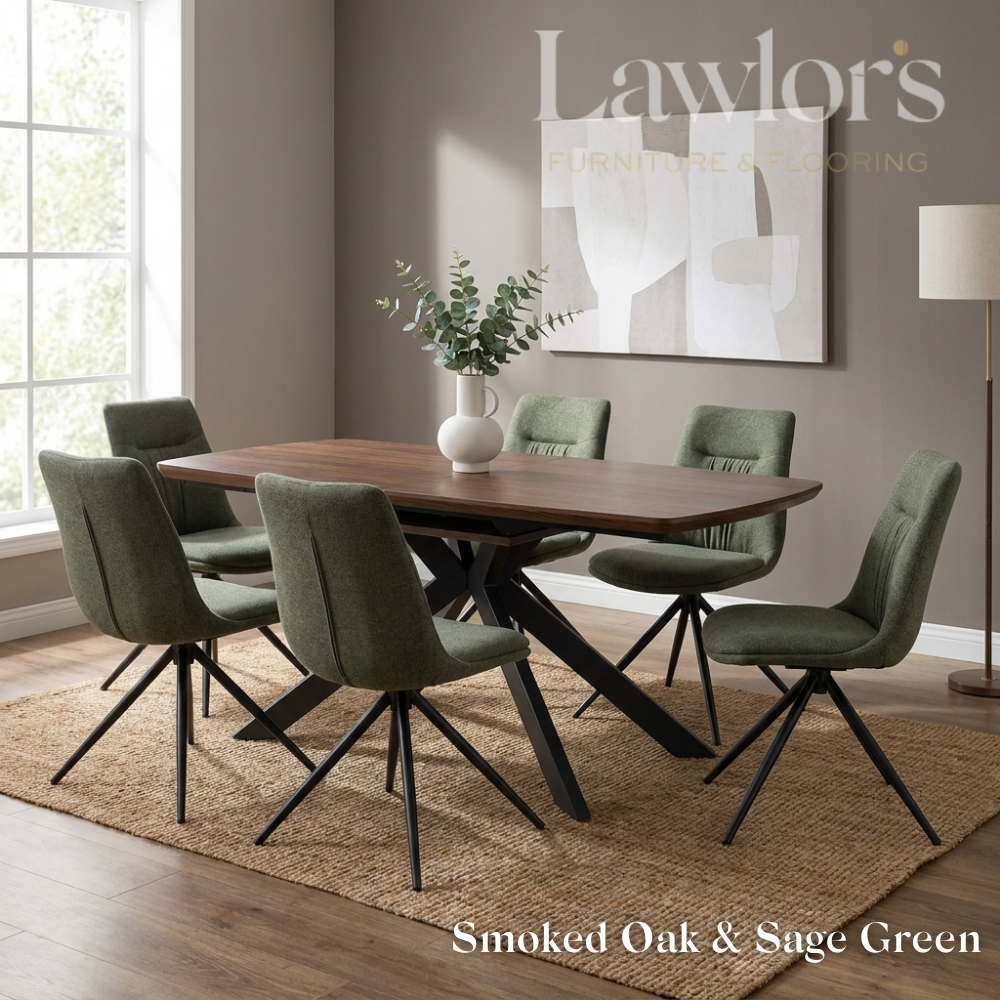 Dining room with smoked oak extending table and sage green chairs set