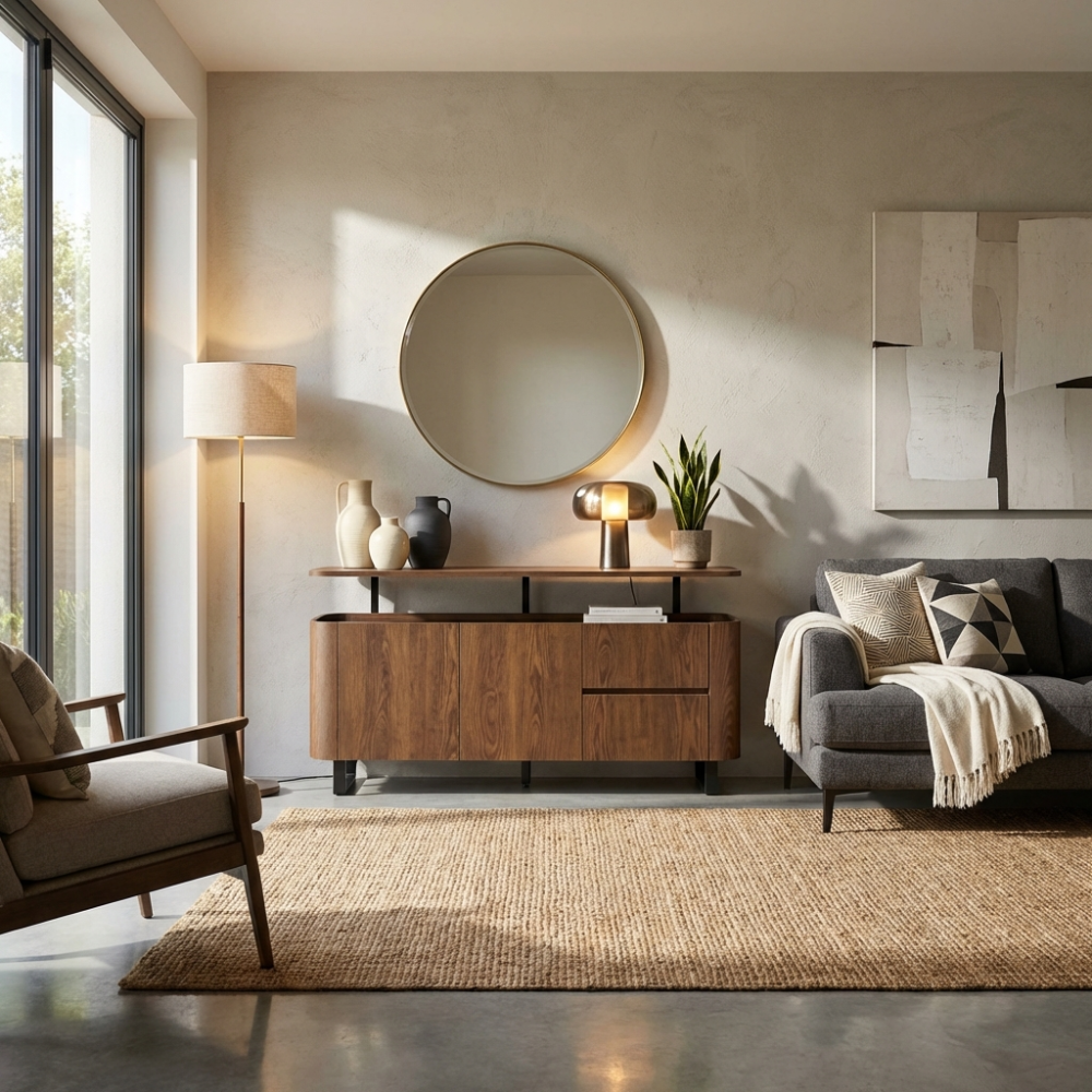 The Boston Sideboard in Smoked Oak features the robust durability of SmarTops®, elegant iron legs and ample storage capacity.