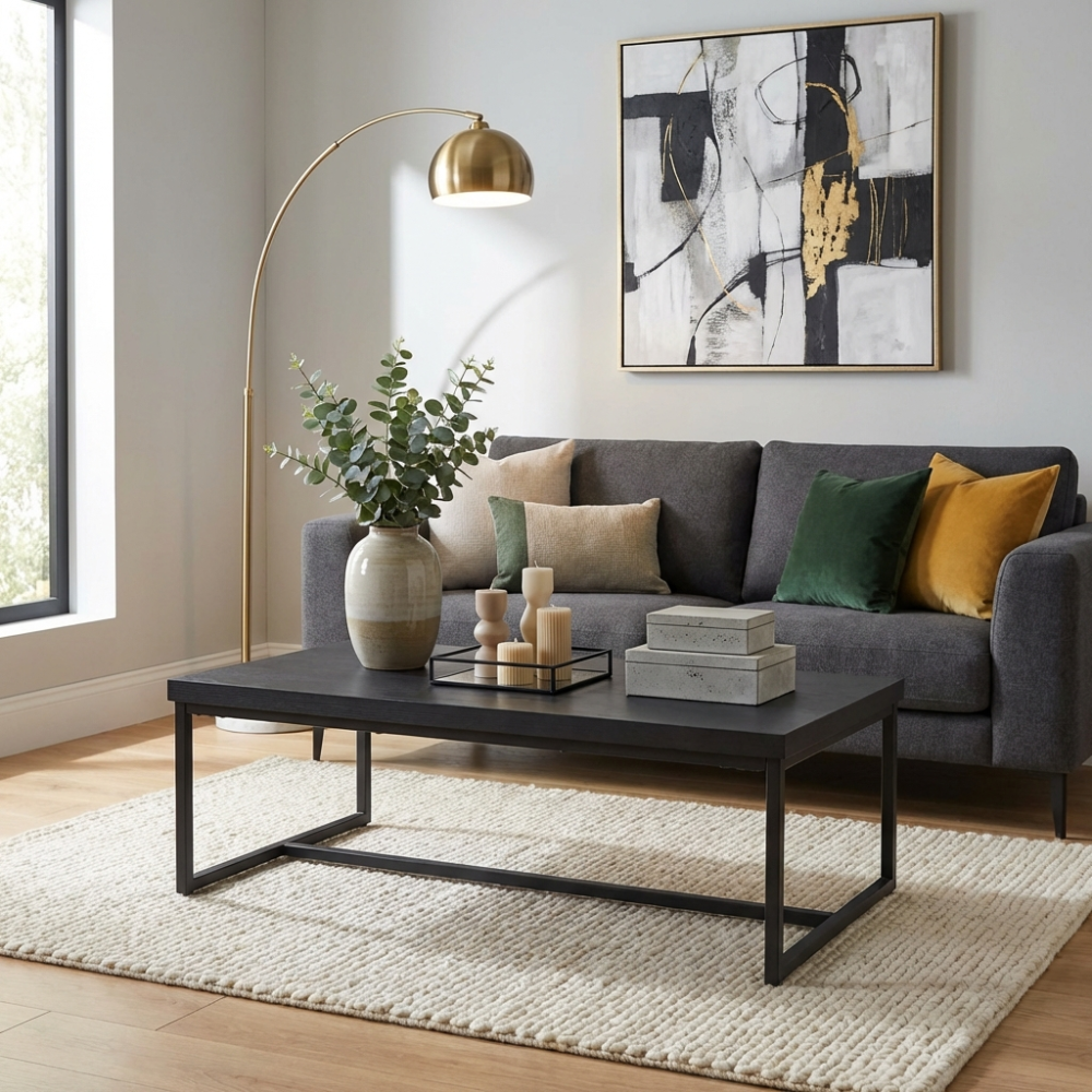 The Boston Coffee Table in Black Ash boasts a SmarTops® surface, robust iron legs and a generous design, making it as a practical and elegant addition.