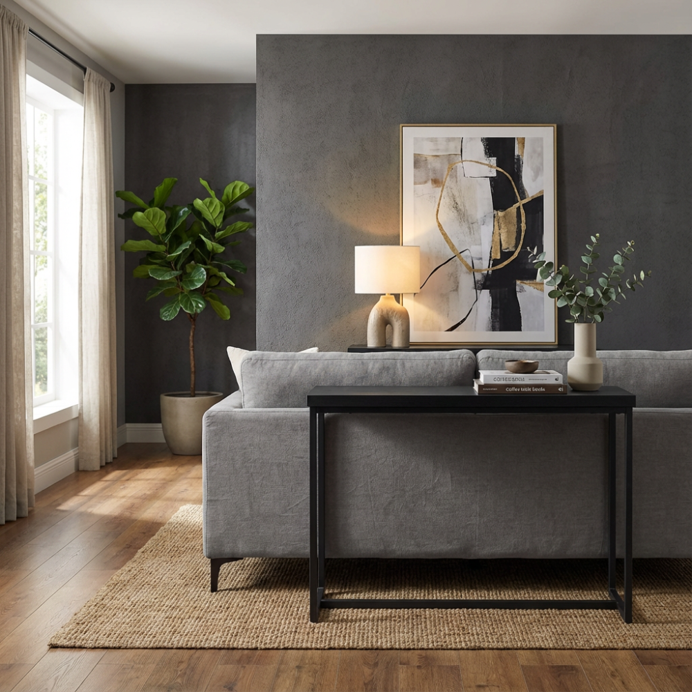 The Boston Console Table in Black Ash features a SmarTops® surface, robust iron legs and a generous design, making it an ideal addition to any setting.