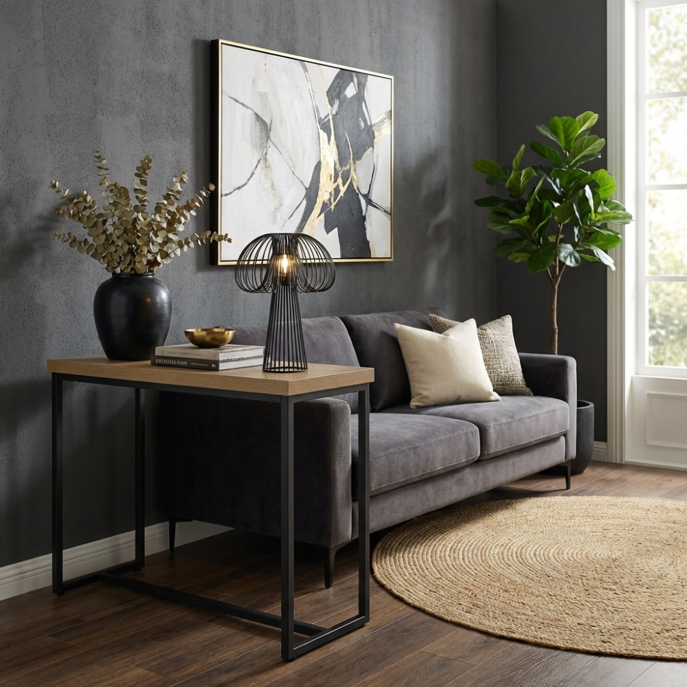 The Boston Console Table in Rustic Oak offers a SmarTops® surface, robust iron legs and a generous design, ideal for guests and daily activities.