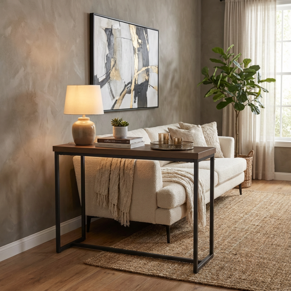 The Boston Console Table in Smoked Oak features a SmarTops® surface, robust iron legs and a generous design, making it as a practical and elegant addition.