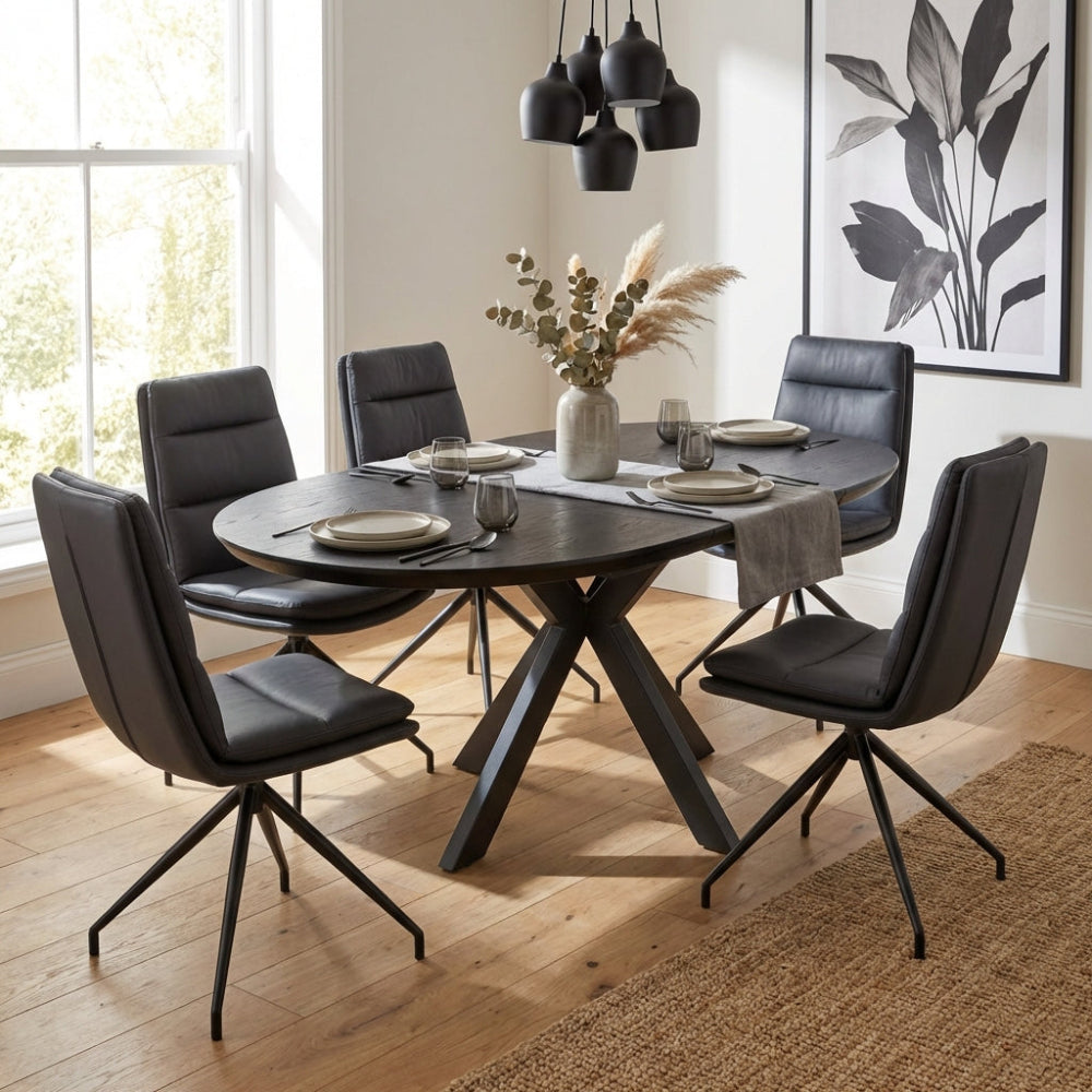 The Boston Extending Table, adjustable from 1200mm to 1600mm, showcases a striking black ash veneer, robust metal legs and a sleek extendable mechanism.