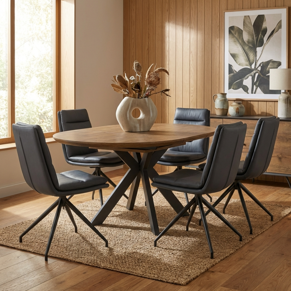 The Boston Extending Table, adjustable from 1200 to 1600mm, features a cozy rustic oak veneer, robust metal legs and a space-saving extendable design.