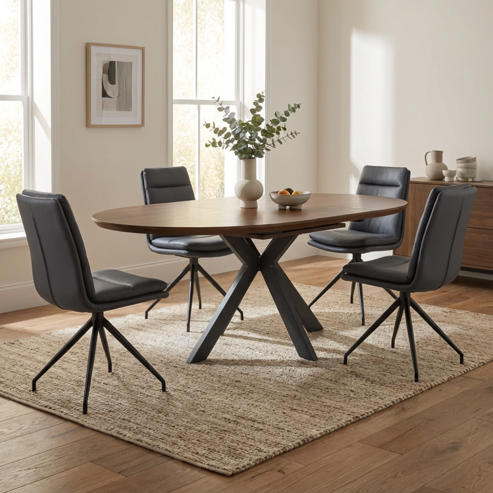 The Boston Extending Table, which can be adjusted from 1200 to 1600mm, showcases a luxurious smoked oak veneer, robust metal legs and a seamless extension