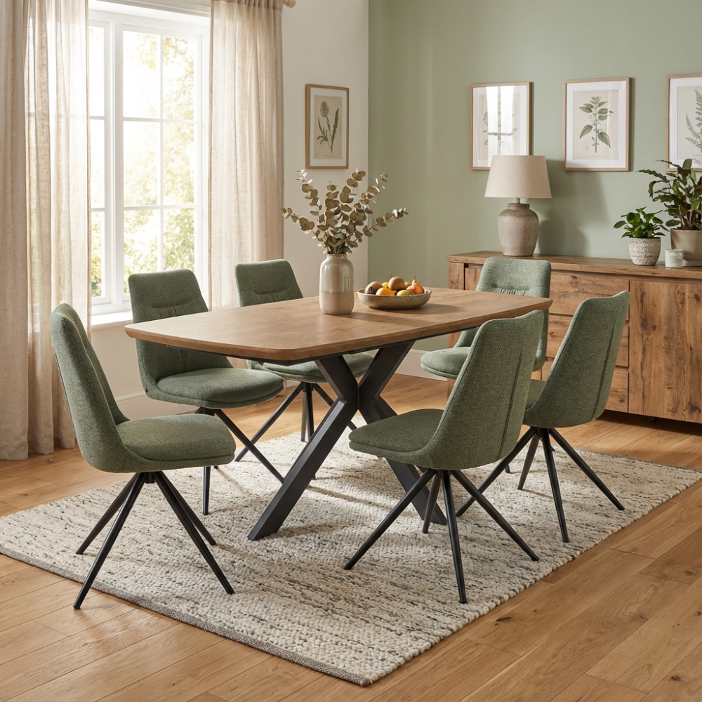 The Boston Extending Table, with a range of 1400-1800mm, features a charming rustic oak veneer, robust metal legs and an expandable surface.