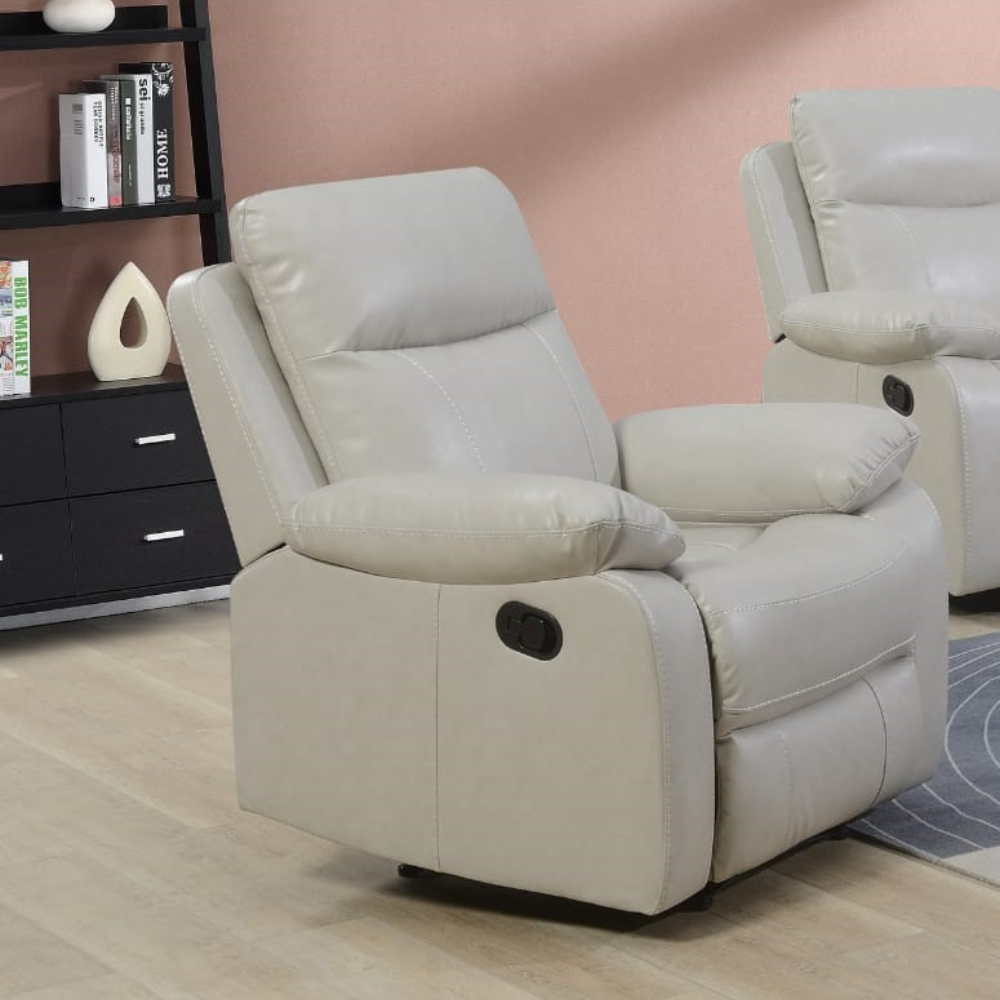 The Brittas Recliner Sofa in Beige Leathaire features padded headrests, armrests and multiple size options