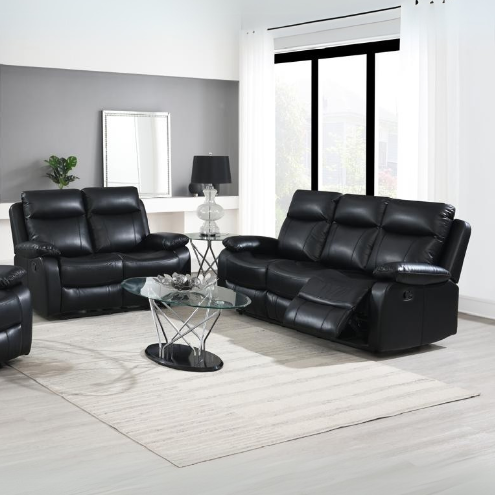 The Brittas Recliner Sofa Set 3+2 in Black Leathaire features padded head & armrests, reclining seats & sleek black