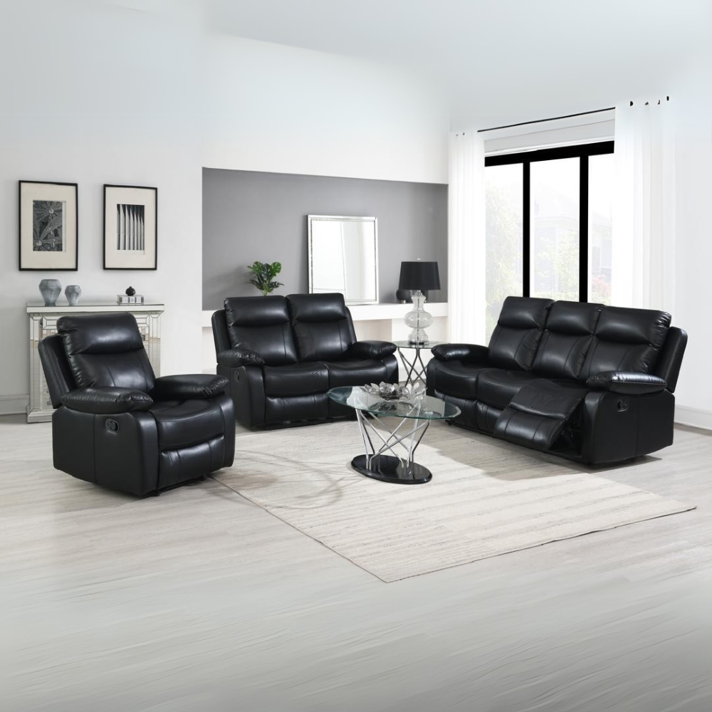 The Brittas Recliner Sofa in Black Leathaire features padded head & armrests, reclining seats & multiple size options