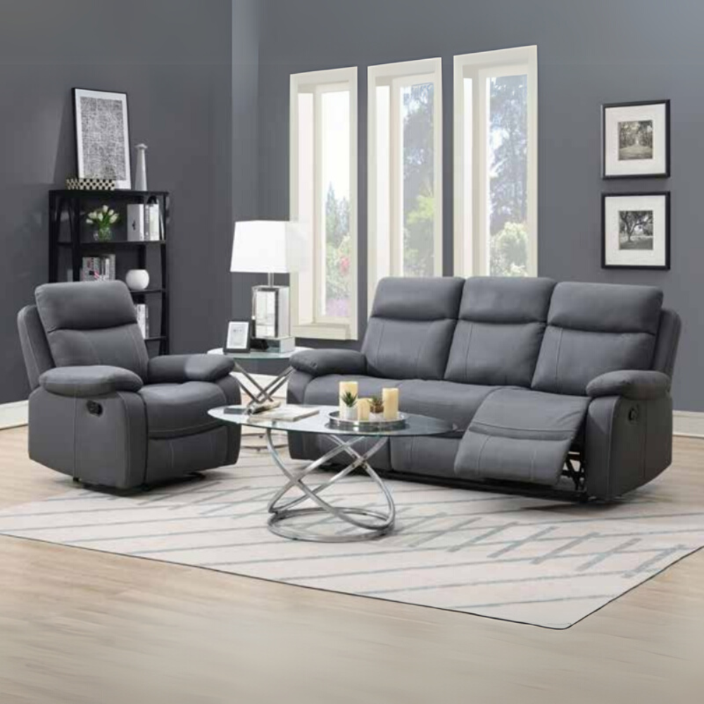 The Brittas Recliner Sofa in Grey offers padded headrests and armrests, soft fabric and multiple size options