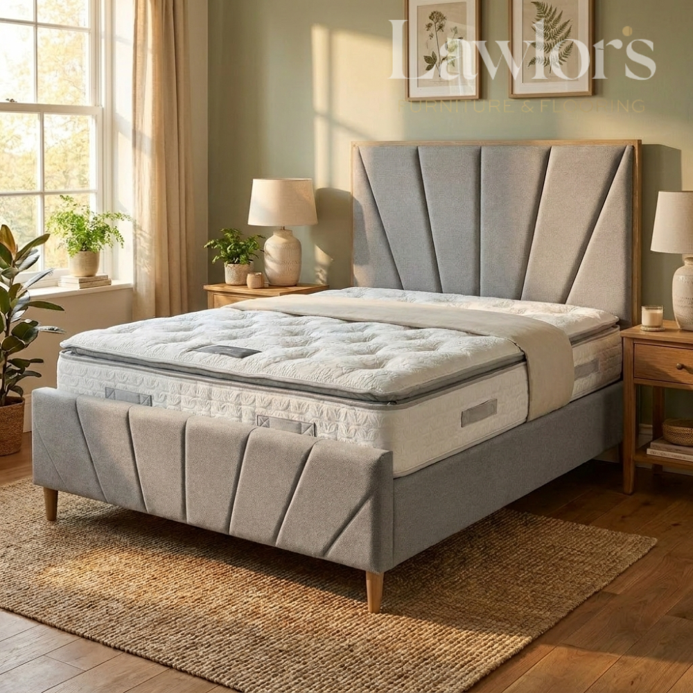 Gray upholstered bedset with tufted headboard in a bedroom setting
