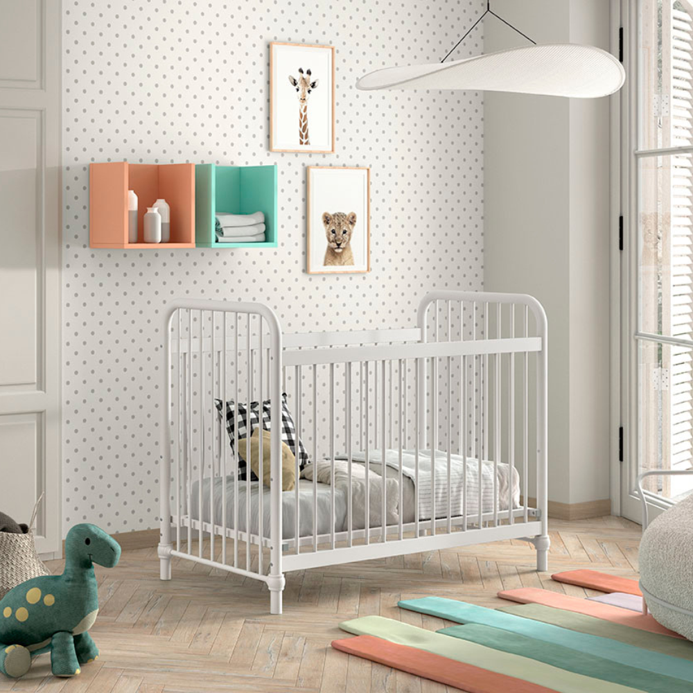 The Bronxx Baby Cot Bed 60 x 120cm White by VIPACK features trendy colours, matte metal finish, Belgian design & industrial style for a safe sleep time