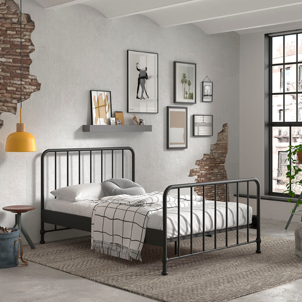The Bronxx Bed 140 x 200cm Black by VIPACK features slatted base, metal industrial Belgian design & matte finish, ideal children's furniture for 4 & up