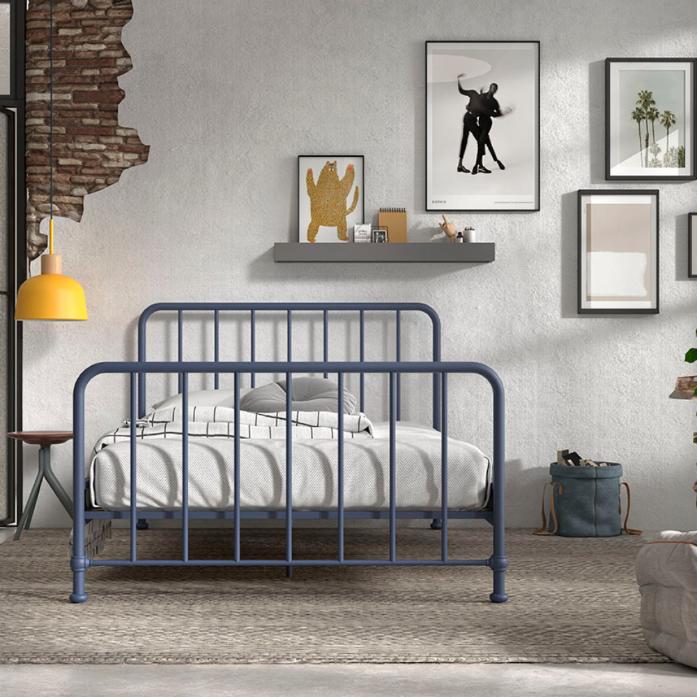 The Bronxx Bed 140 x 200cm Denim Blue by VIPACK features slatted base, metal industrial Belgian design & matte finish, ideal children's furniture for 4 & up