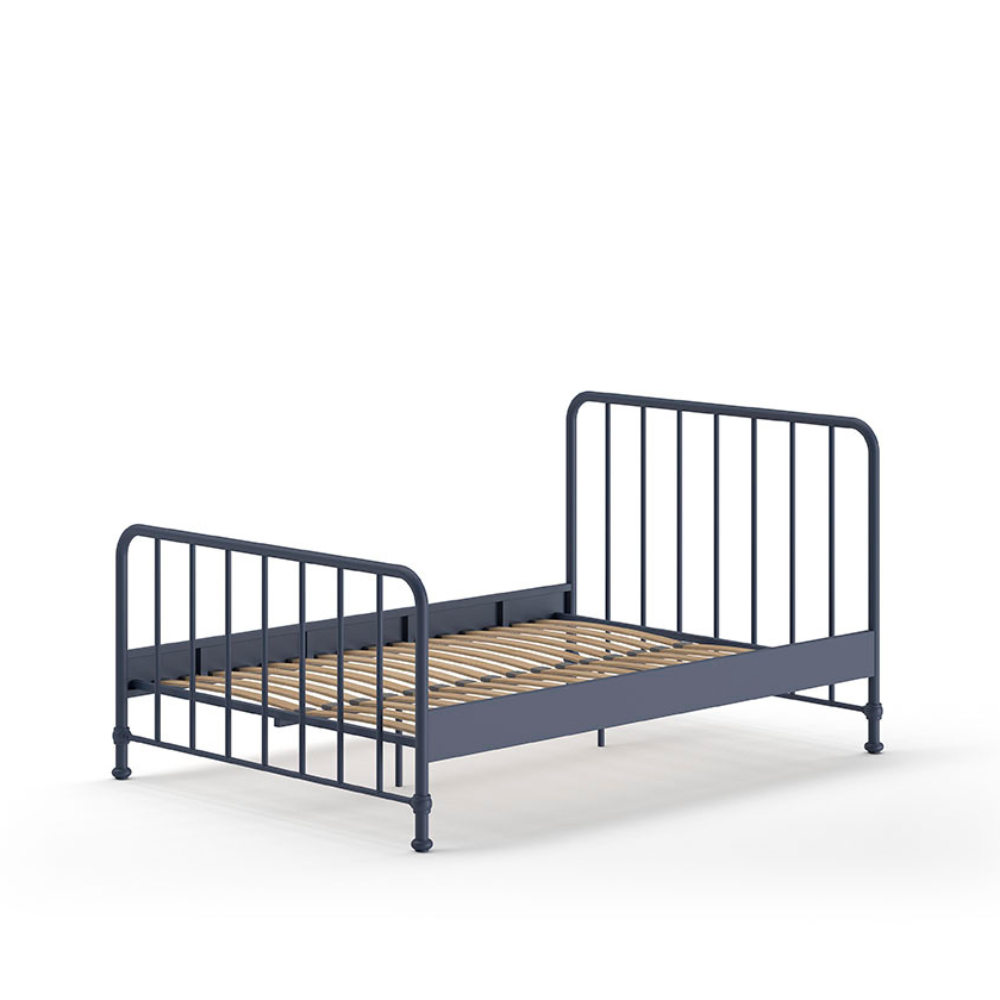 The Bronxx Bed 140 x 200cm Denim Blue by VIPACK features slatted base, metal industrial Belgian design & matte finish, ideal children's furniture for 4 & up