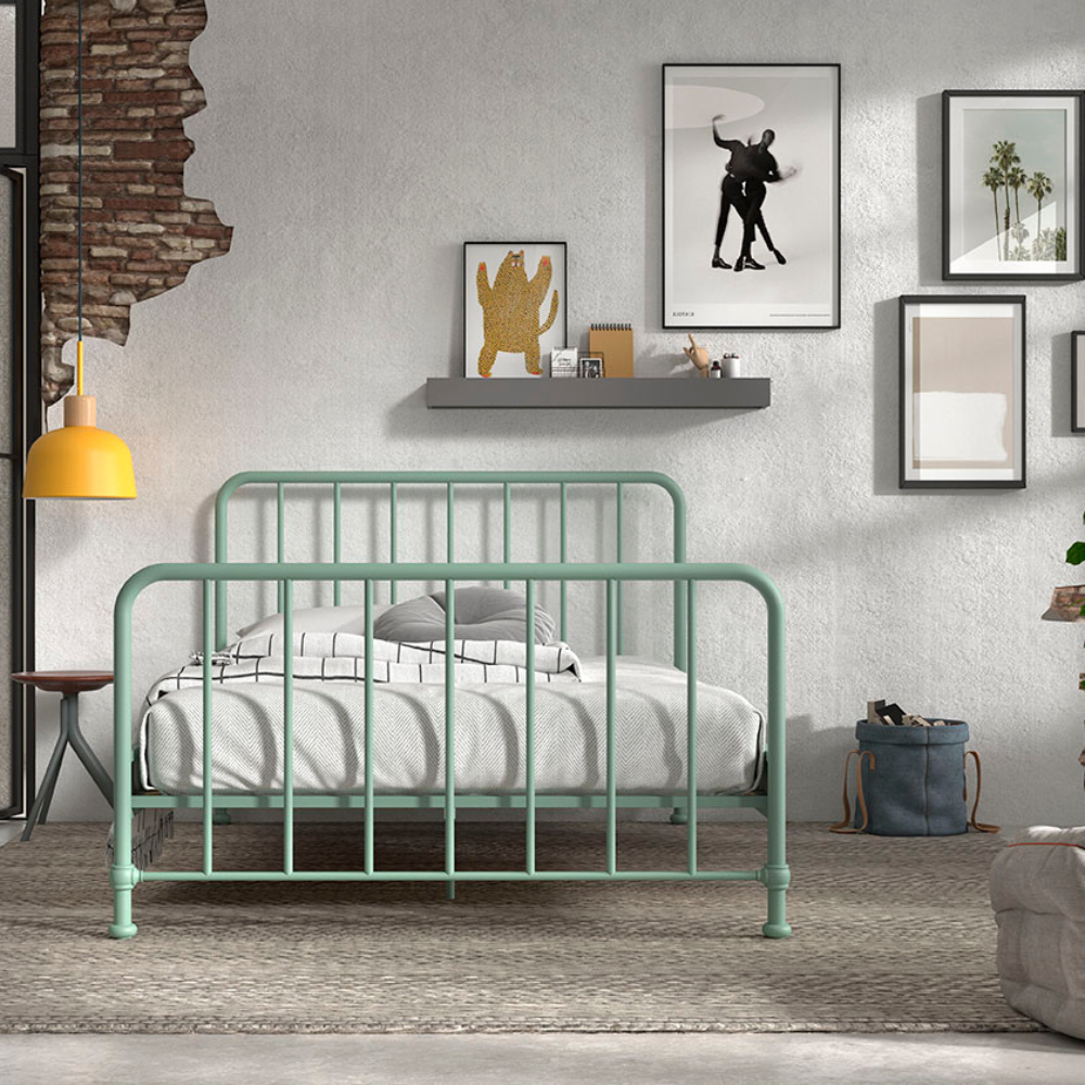 The Bronxx Bed 140 x 200cm Olive Green by VIPACK offers slatted base, metal industrial Belgian design & matte finish, ideal children's furniture for 4 & up